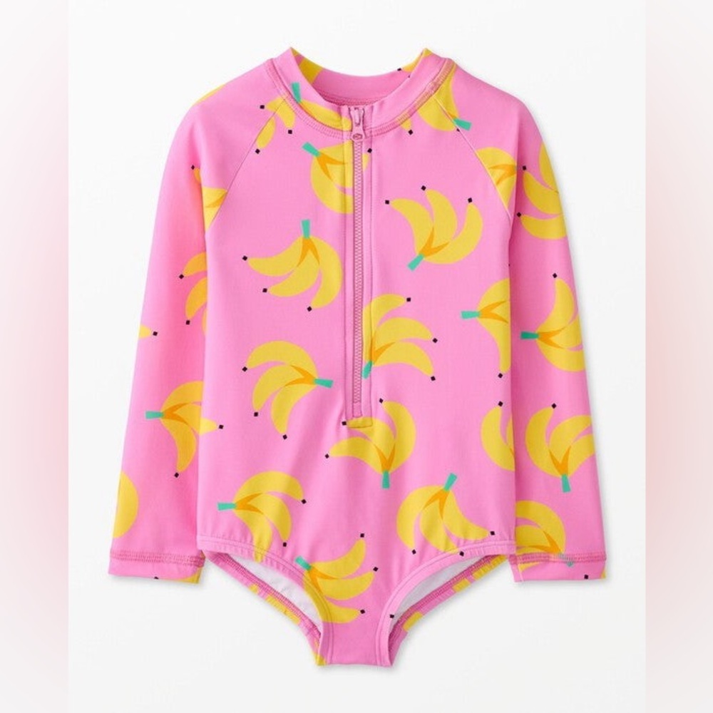 Hanna Andersson One Piece Rashguard Swimsuit in Banana Bunch on Pink